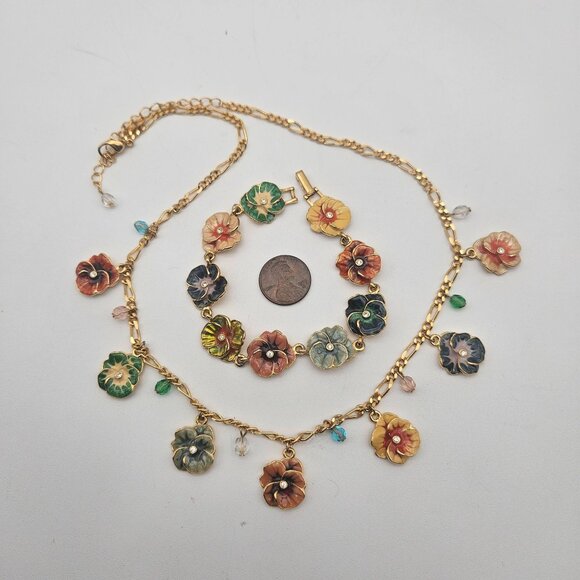 Joan Rivers Pansy Flower Gold Tone Enamel Charm Necklace Link Bracelet Set - Picture 2 of 6